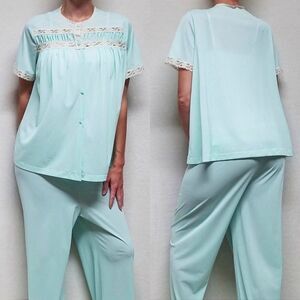VINTAGE 50s Merville ILGWU Aqua Lace Pajama Set